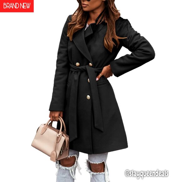 Wool Blend Trench Coat Double Breasted with Belt Women's Winter Peacoat